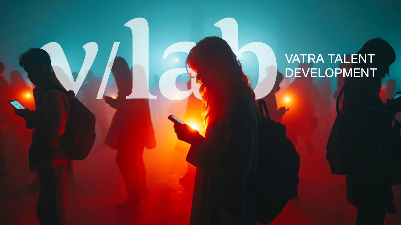 Sylwetki ludzi patrzących w telefony pod logo v/lab, Vatra Talent Development